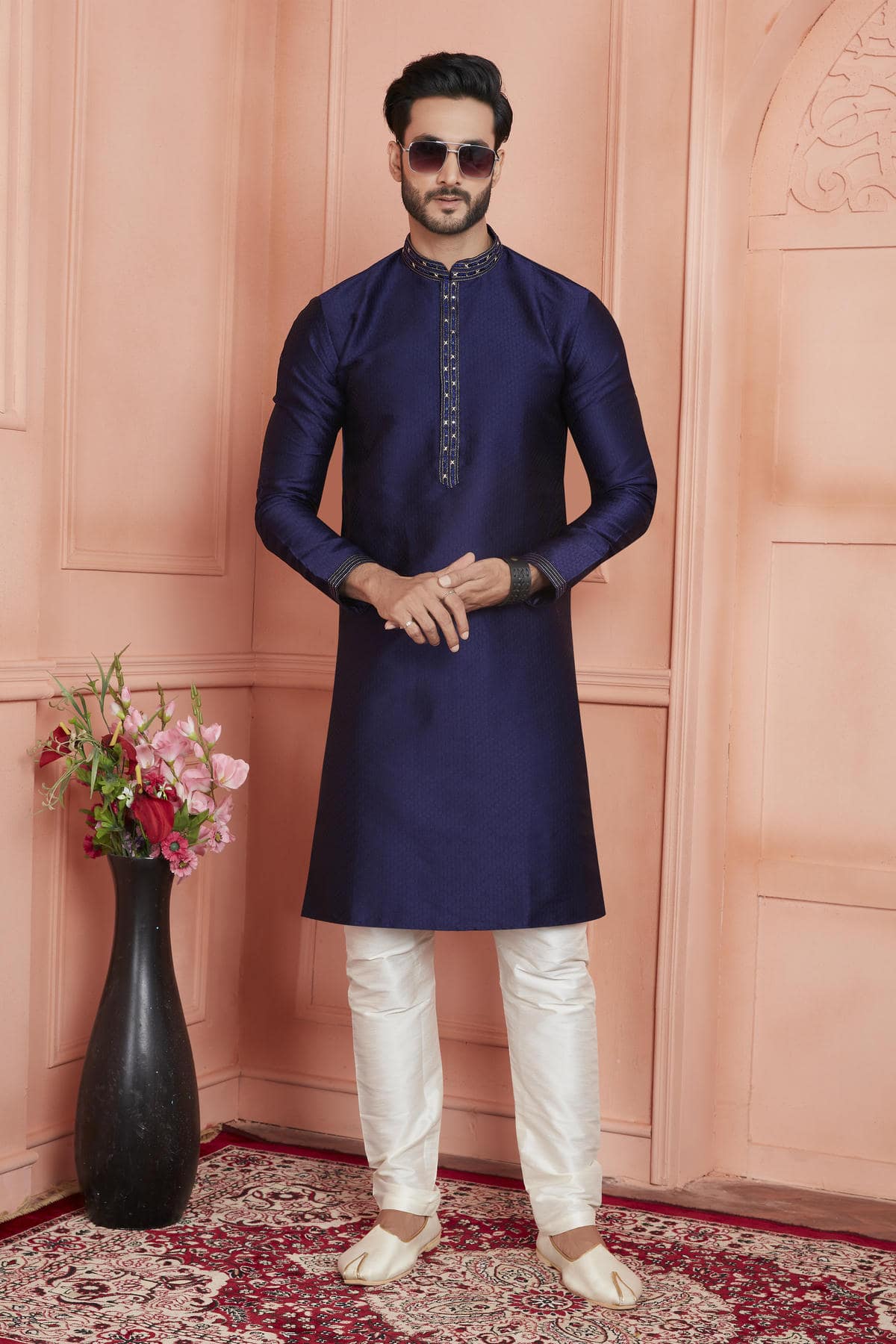 Jacquard Silk Brocade Pintux Work Kurta Pajama In Blue Colour KP1230541 1