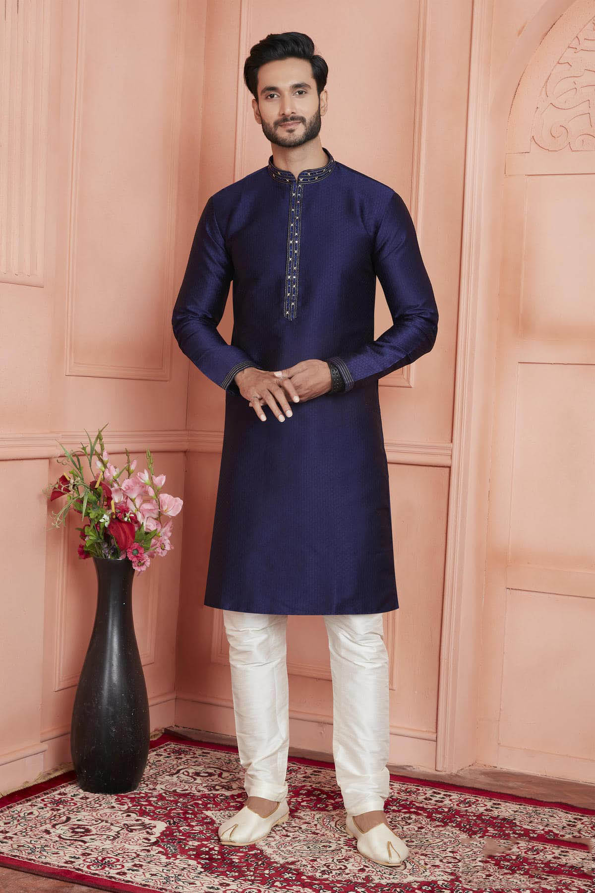 Jacquard Silk Brocade Pintux Work Kurta Pajama In Blue Colour KP1230541
