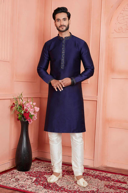 Jacquard Silk Brocade Pintux Work Kurta Pajama In Blue Colour KP1230541