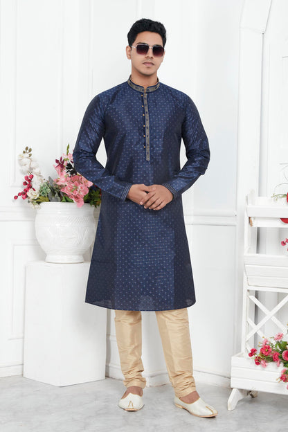 Jacquard Silk Brocade Pintux Work Kurta Pajama In Blue Colour KP1230552 1