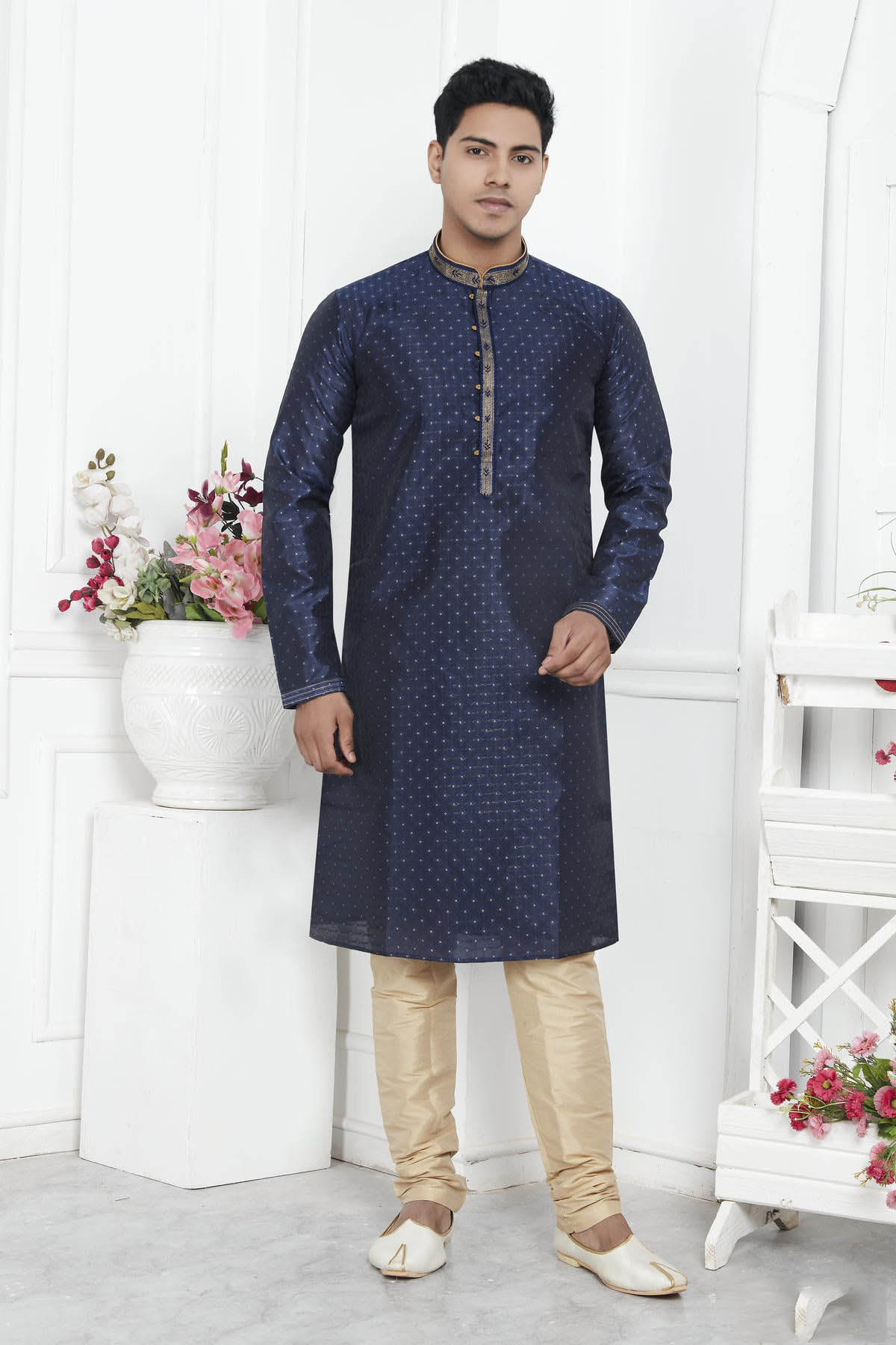 Jacquard Silk Brocade Pintux Work Kurta Pajama In Blue Colour KP1230552