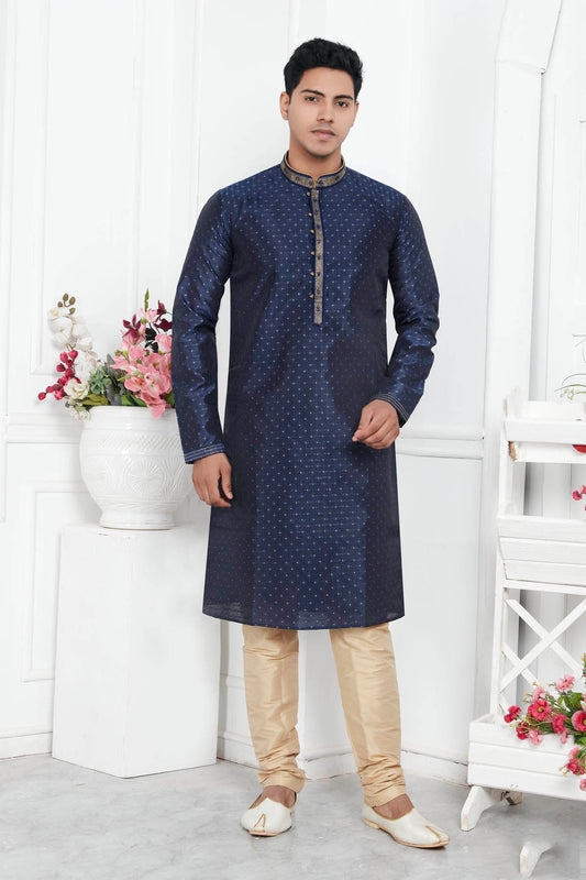 Jacquard Silk Brocade Pintux Work Kurta Pajama In Blue Colour KP1230552
