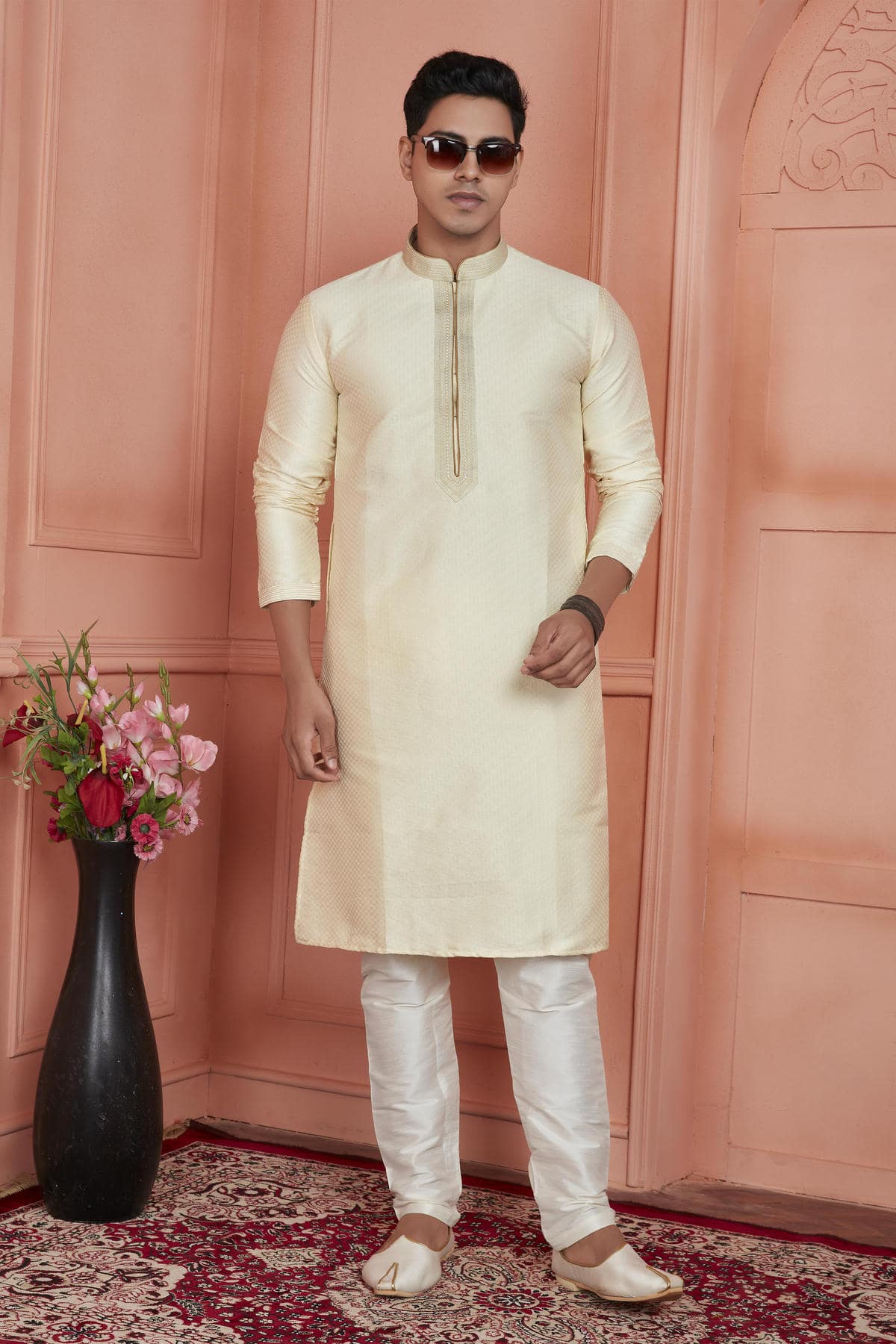 Jacquard Silk Brocade Pintux Work Kurta Pajama In Cream Colour KP1230538 1