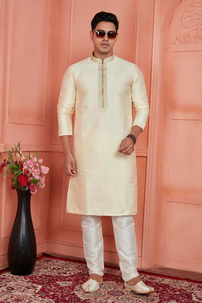 Jacquard Silk Brocade Pintux Work Kurta Pajama In Cream Colour KP1230538 1