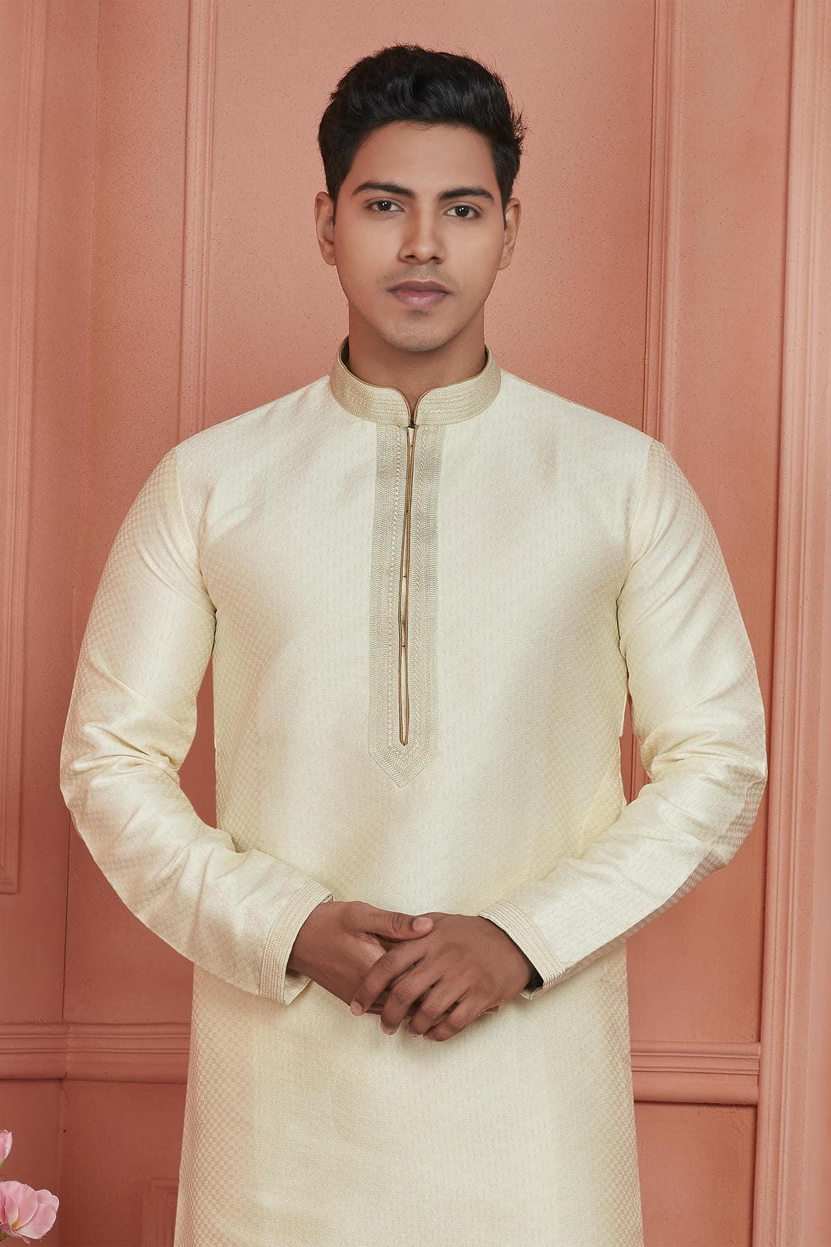 Jacquard Silk Brocade Pintux Work Kurta Pajama In Cream Colour KP1230538 2
