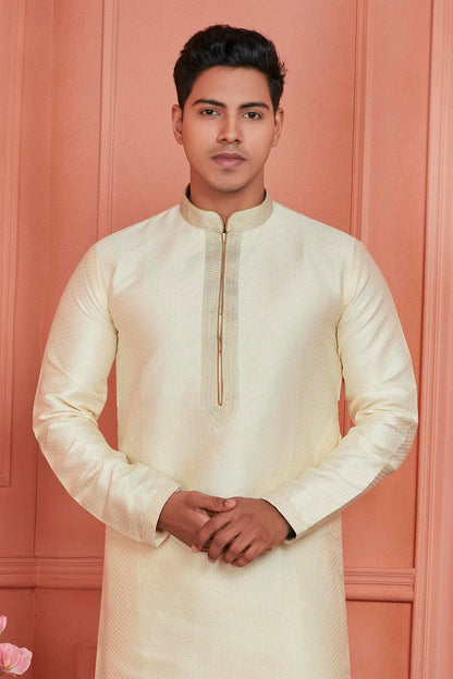 Jacquard Silk Brocade Pintux Work Kurta Pajama In Cream Colour KP1230538 2