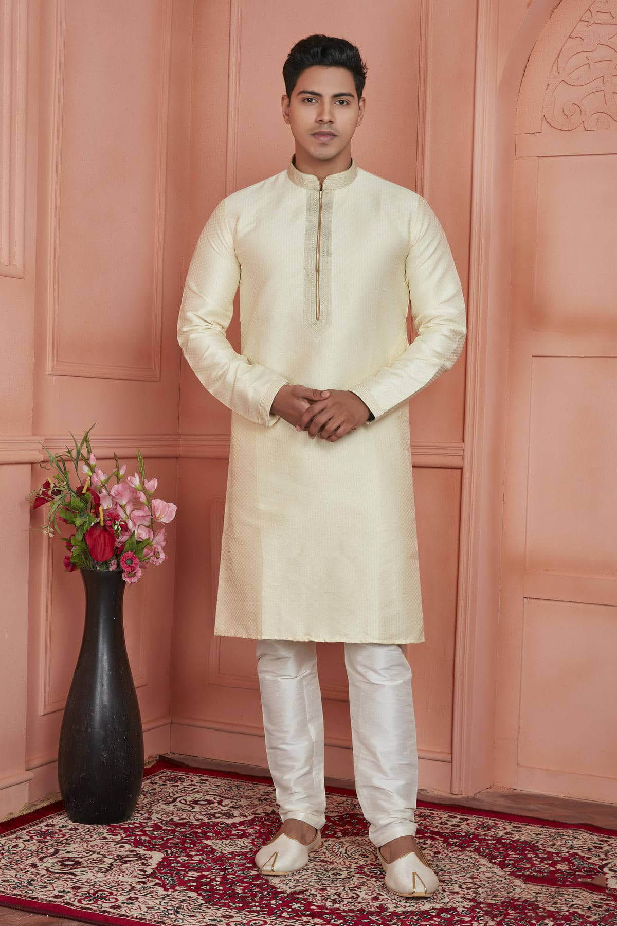 Jacquard Silk Brocade Pintux Work Kurta Pajama In Cream Colour KP1230538