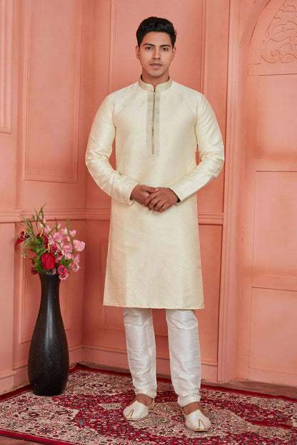 Jacquard Silk Brocade Pintux Work Kurta Pajama In Cream Colour KP1230538