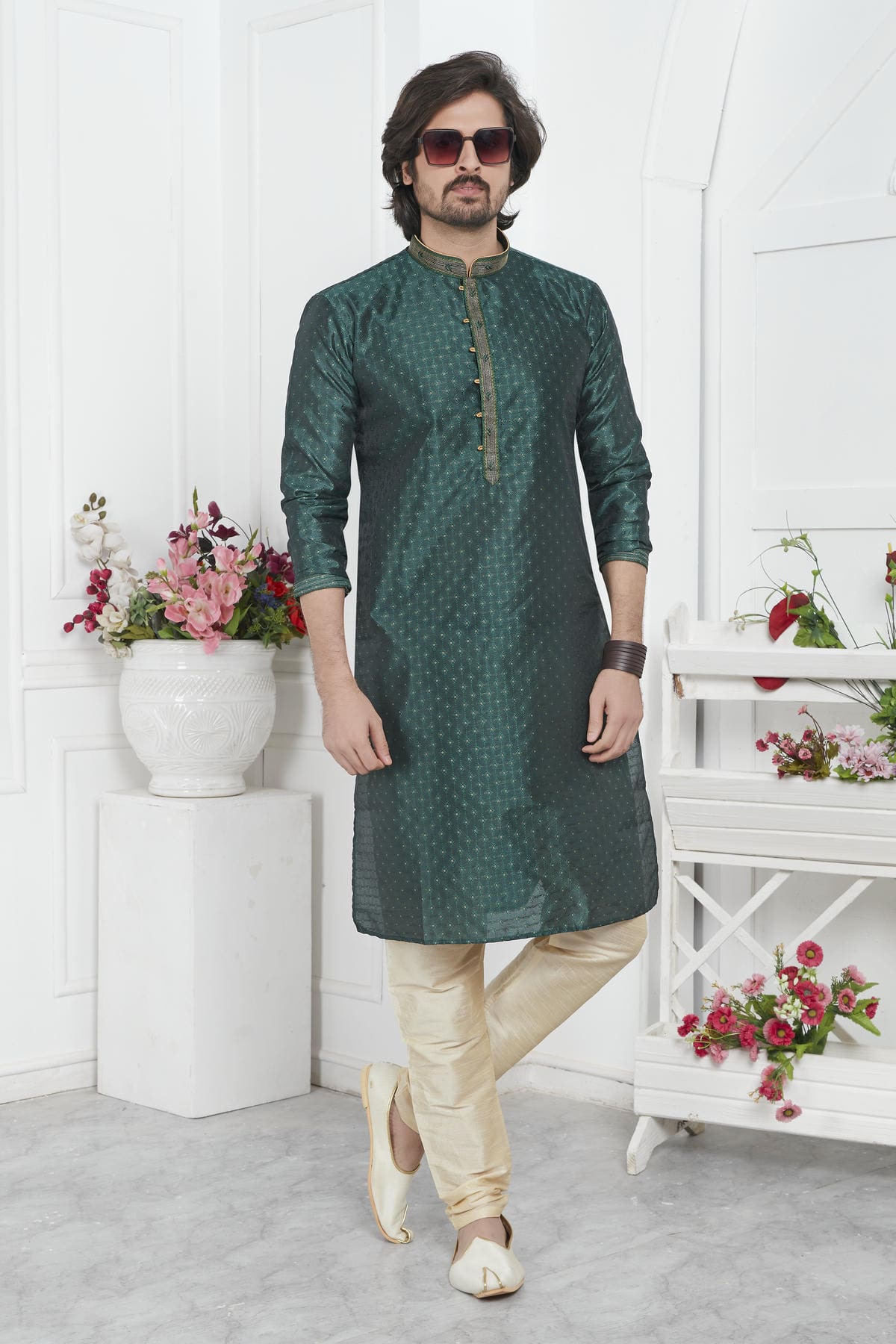 Jacquard Silk Brocade Pintux Work Kurta Pajama In Green Colour KP1230551 1