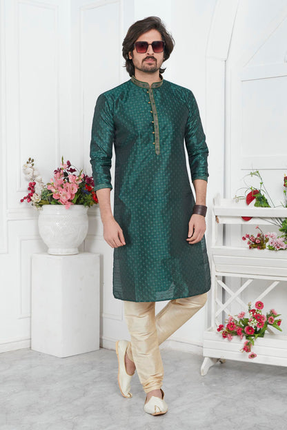 Jacquard Silk Brocade Pintux Work Kurta Pajama In Green Colour KP1230551 1