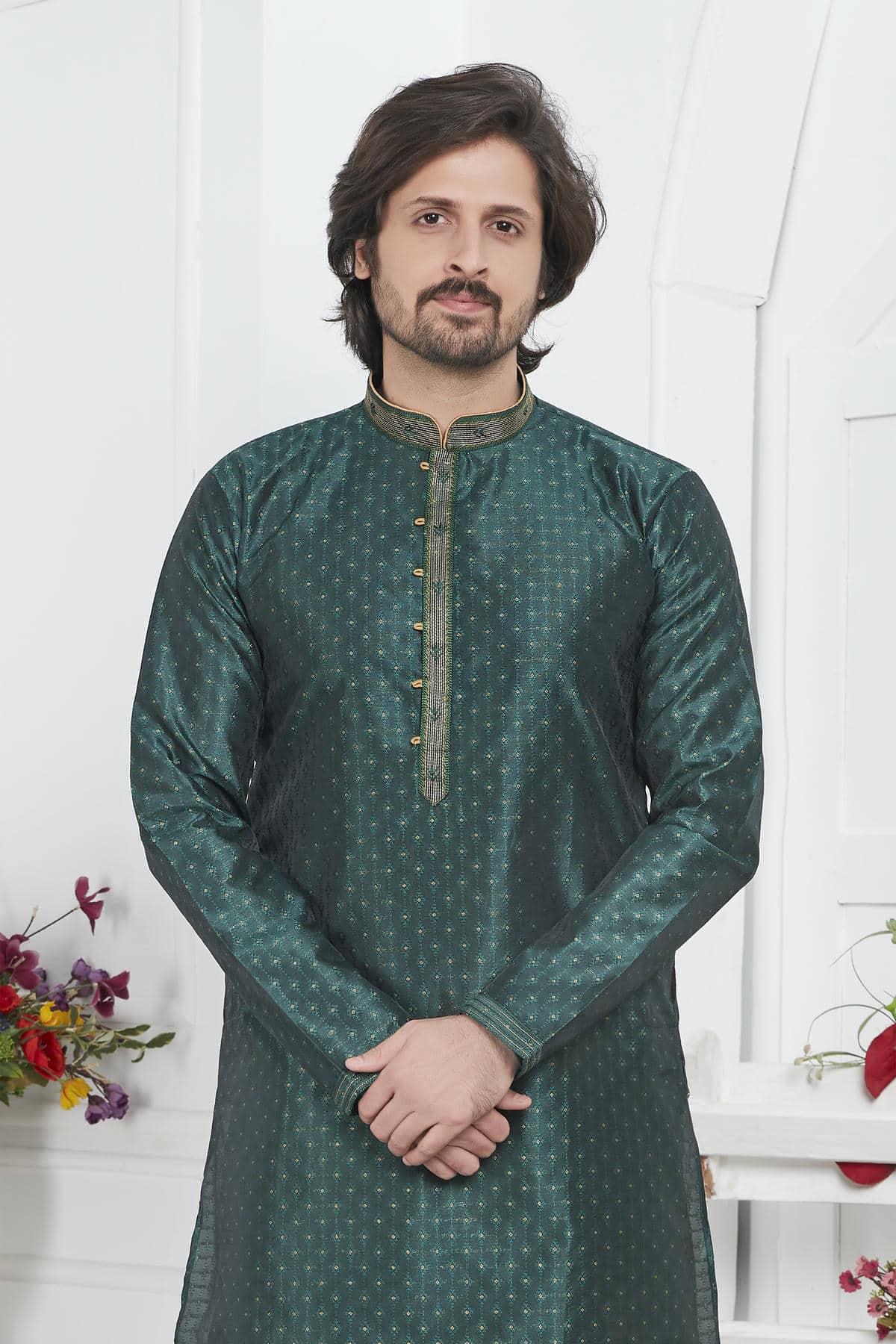 Jacquard Silk Brocade Pintux Work Kurta Pajama In Green Colour KP1230551 2