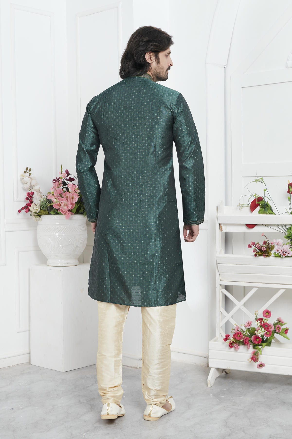 Jacquard Silk Brocade Pintux Work Kurta Pajama In Green Colour KP1230551 3