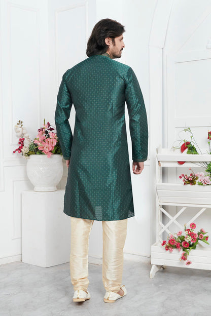 Jacquard Silk Brocade Pintux Work Kurta Pajama In Green Colour KP1230551 3