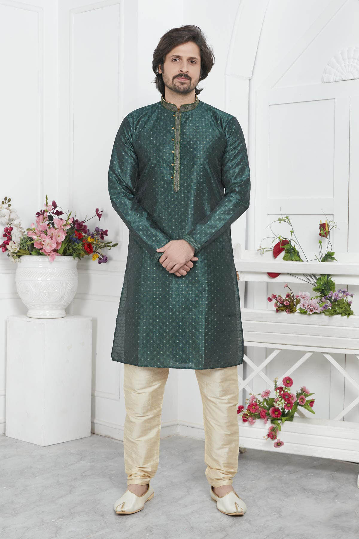 Jacquard Silk Brocade Pintux Work Kurta Pajama In Green Colour KP1230551