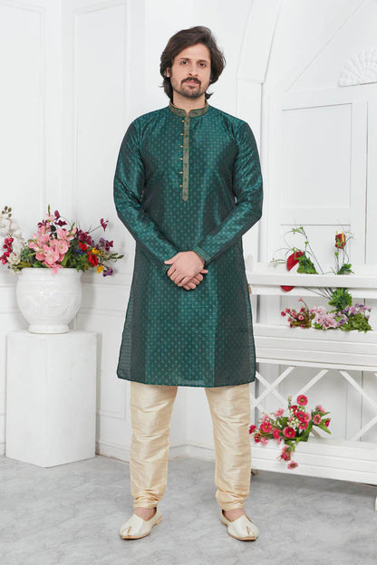 Jacquard Silk Brocade Pintux Work Kurta Pajama In Green Colour KP1230551