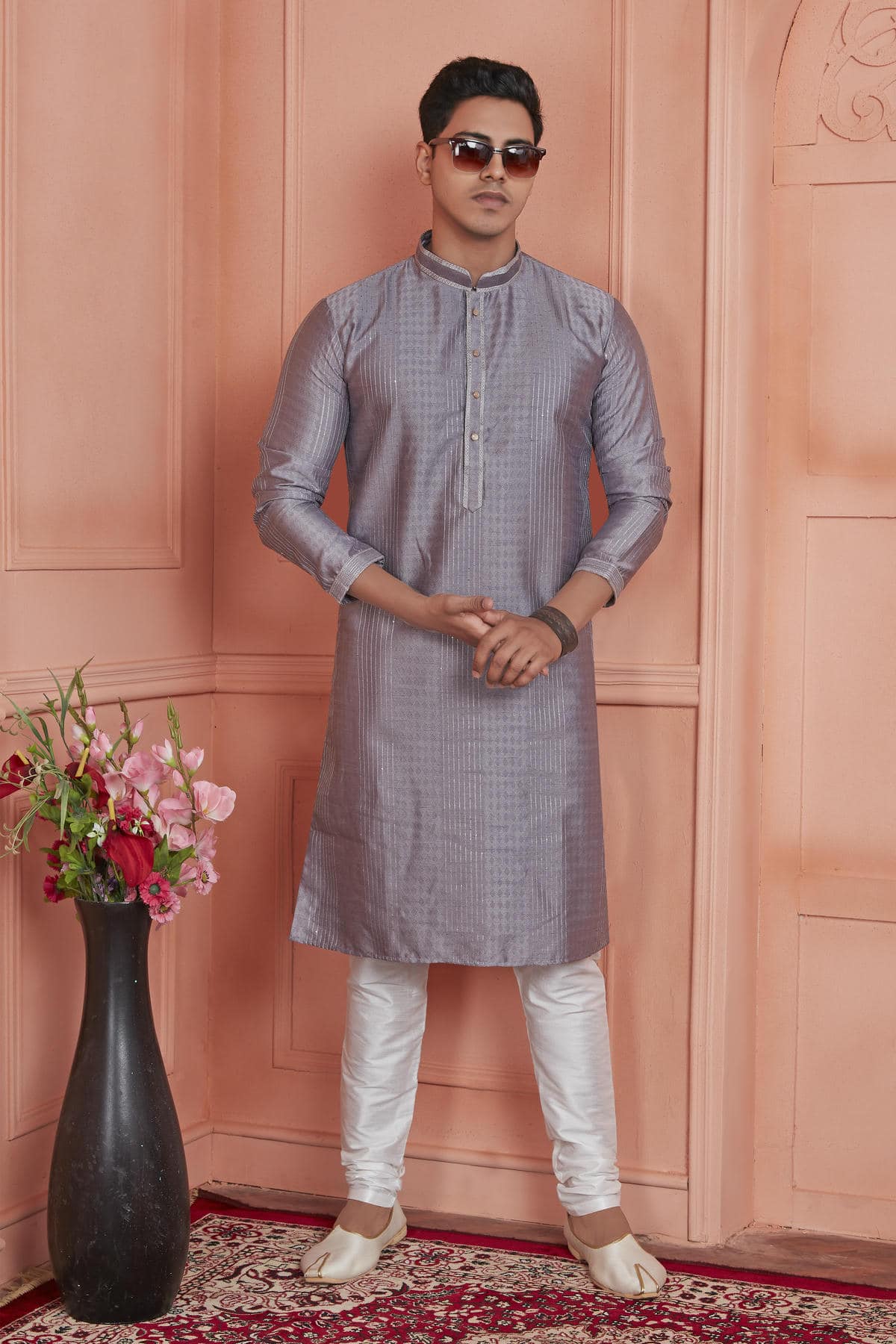 Jacquard Silk Brocade Pintux Work Kurta Pajama In Grey Colour KP1230533 1