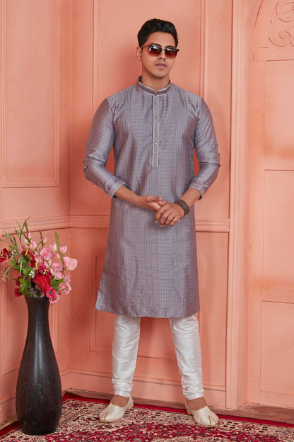 Jacquard Silk Brocade Pintux Work Kurta Pajama In Grey Colour KP1230533 1