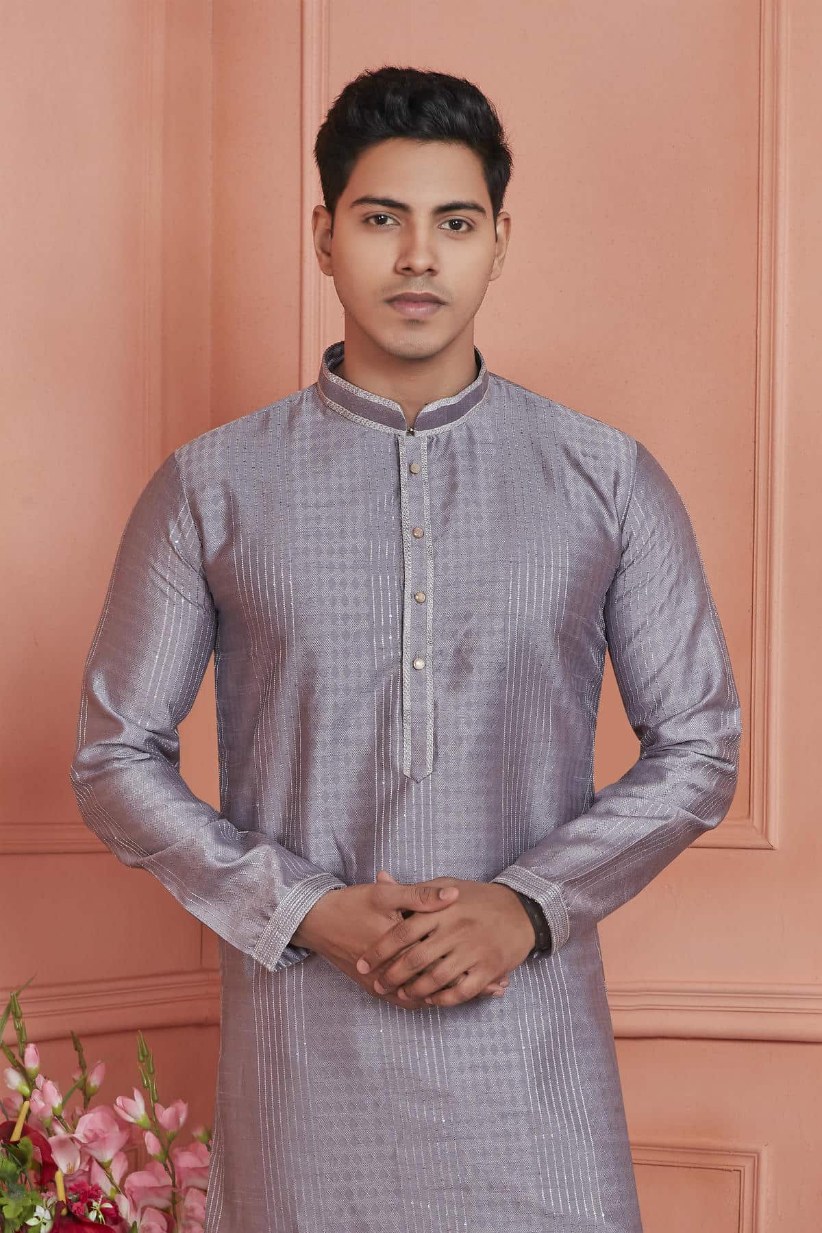 Jacquard Silk Brocade Pintux Work Kurta Pajama In Grey Colour KP1230533 2