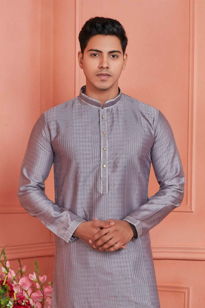 Jacquard Silk Brocade Pintux Work Kurta Pajama In Grey Colour KP1230533 2