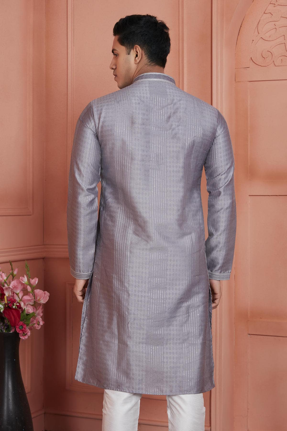 Jacquard Silk Brocade Pintux Work Kurta Pajama In Grey Colour KP1230533 3