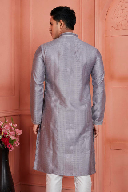 Jacquard Silk Brocade Pintux Work Kurta Pajama In Grey Colour KP1230533 3
