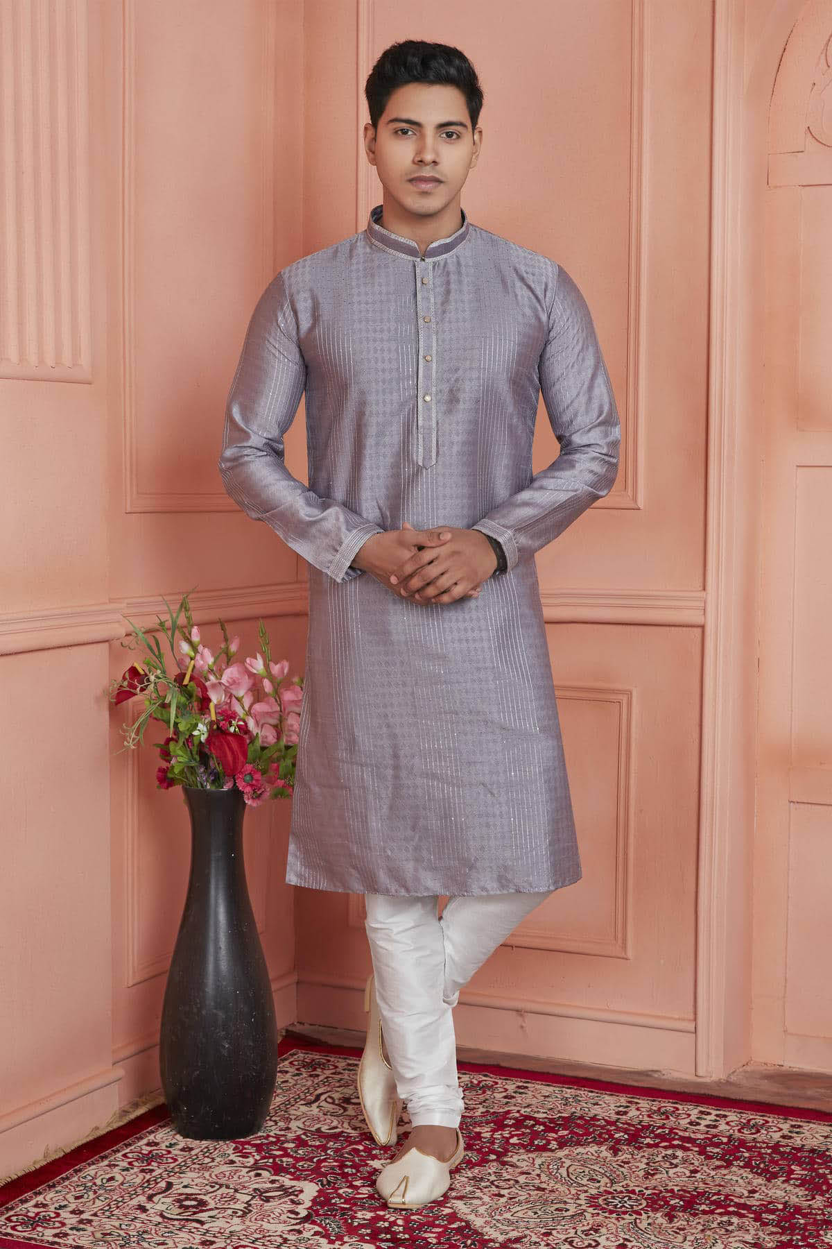Jacquard Silk Brocade Pintux Work Kurta Pajama In Grey Colour KP1230533