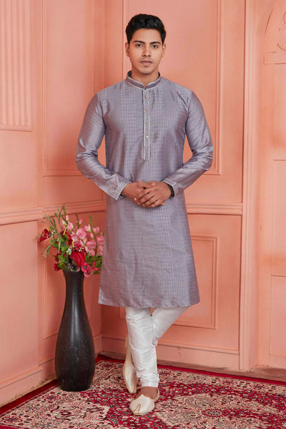 Jacquard Silk Brocade Pintux Work Kurta Pajama In Grey Colour KP1230533