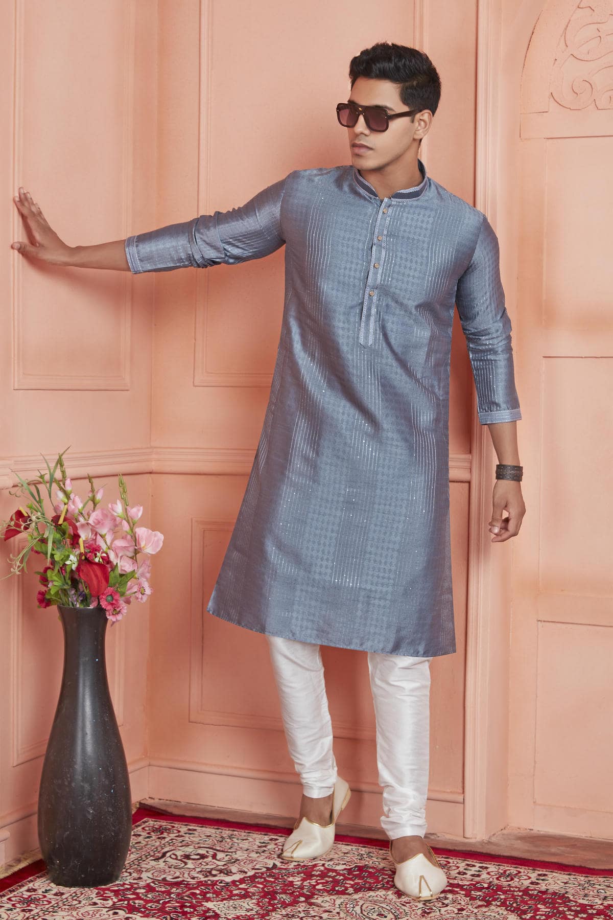Jacquard Silk Brocade Pintux Work Kurta Pajama In Grey Colour KP1230534 1