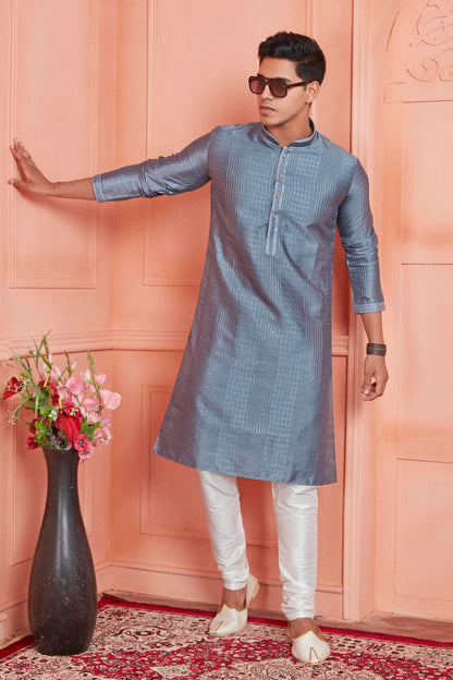 Jacquard Silk Brocade Pintux Work Kurta Pajama In Grey Colour KP1230534 1