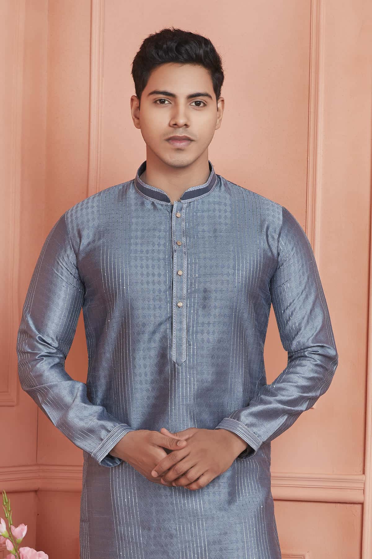 Jacquard Silk Brocade Pintux Work Kurta Pajama In Grey Colour KP1230534 2