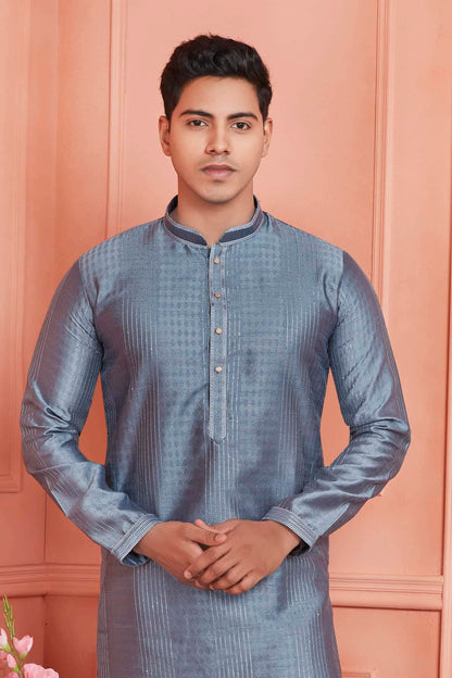 Jacquard Silk Brocade Pintux Work Kurta Pajama In Grey Colour KP1230534 2