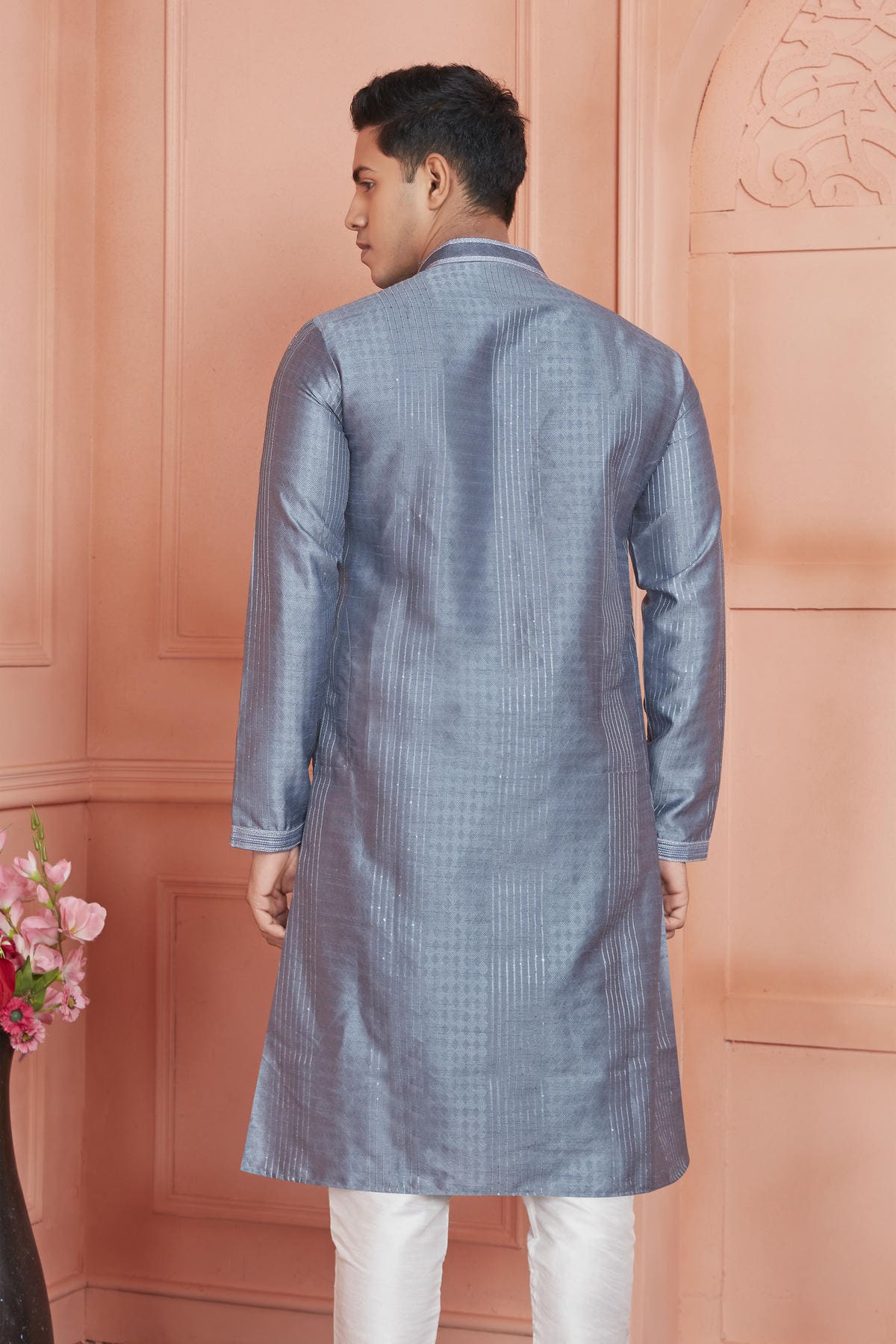 Jacquard Silk Brocade Pintux Work Kurta Pajama In Grey Colour KP1230534 3