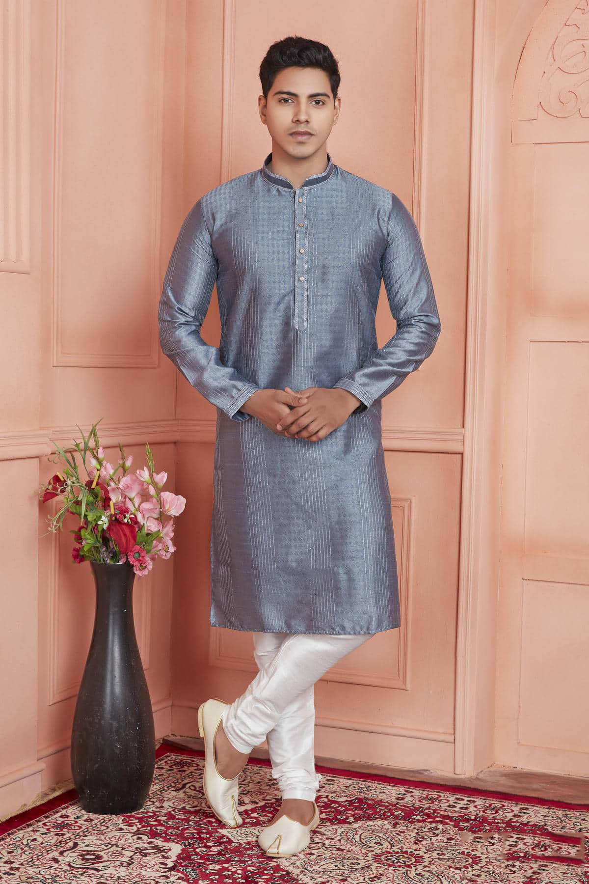 Jacquard Silk Brocade Pintux Work Kurta Pajama In Grey Colour KP1230534