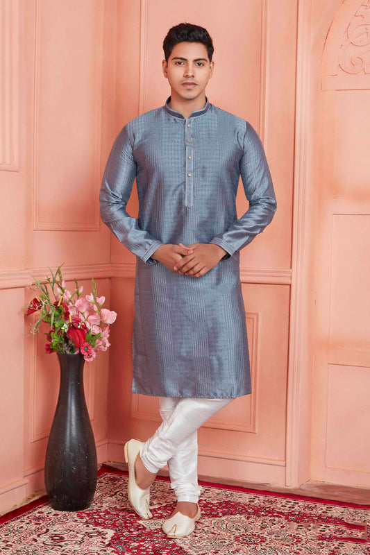 Jacquard Silk Brocade Pintux Work Kurta Pajama In Grey Colour KP1230534