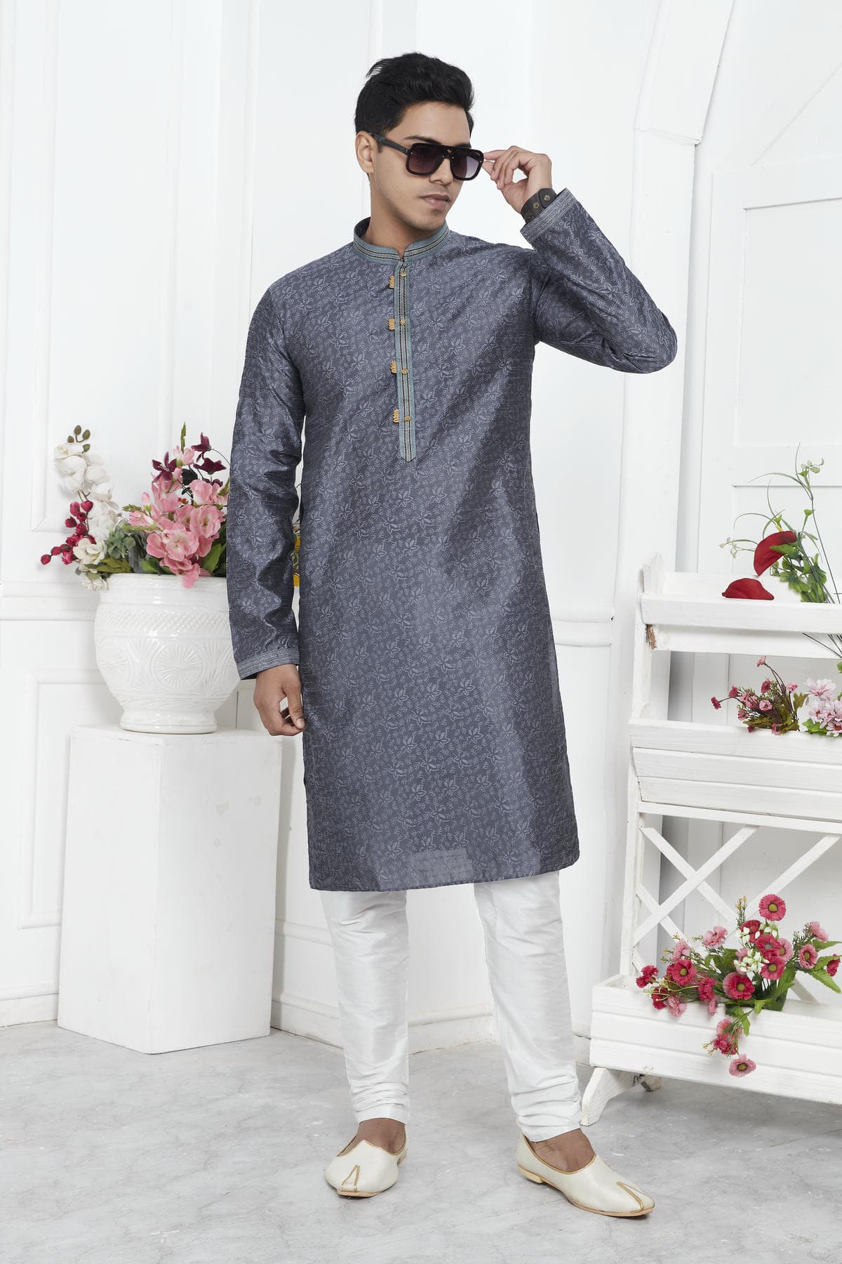 Jacquard Silk Brocade Pintux Work Kurta Pajama In Grey Colour KP1230548 1