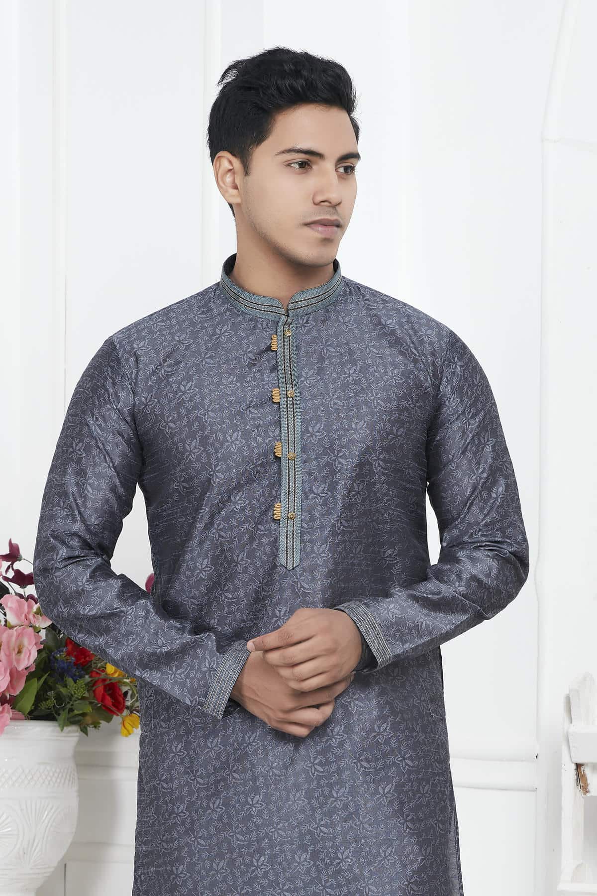 Jacquard Silk Brocade Pintux Work Kurta Pajama In Grey Colour KP1230548 2