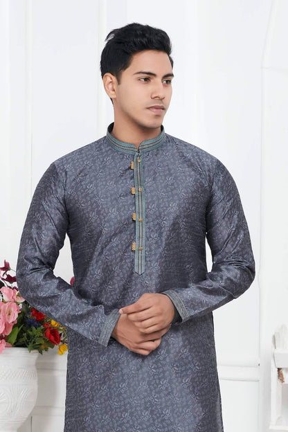 Jacquard Silk Brocade Pintux Work Kurta Pajama In Grey Colour KP1230548 2