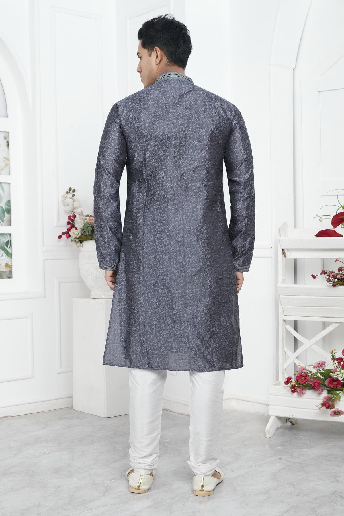 Jacquard Silk Brocade Pintux Work Kurta Pajama In Grey Colour KP1230548 3