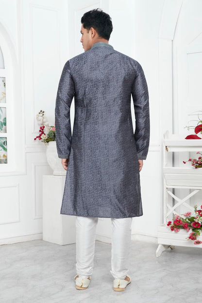 Jacquard Silk Brocade Pintux Work Kurta Pajama In Grey Colour KP1230548 3