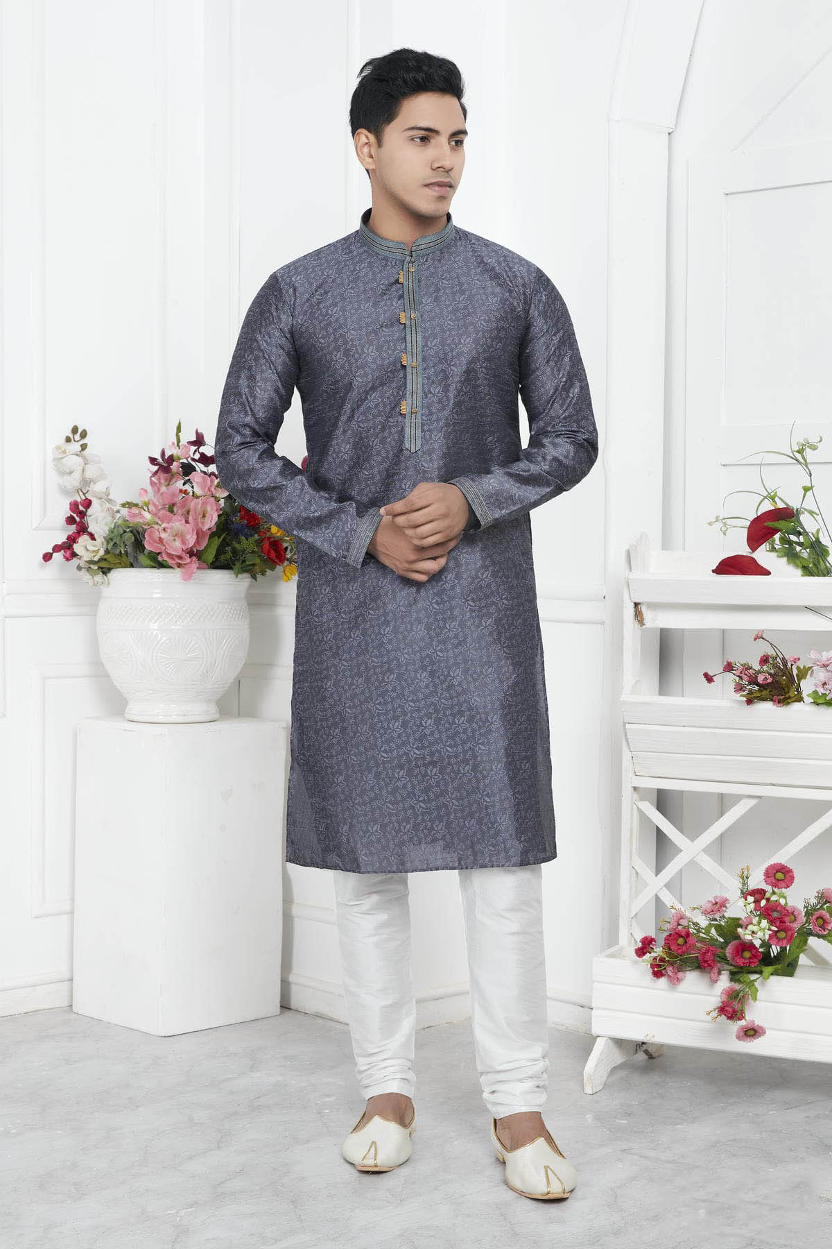 Jacquard Silk Brocade Pintux Work Kurta Pajama In Grey Colour KP1230548
