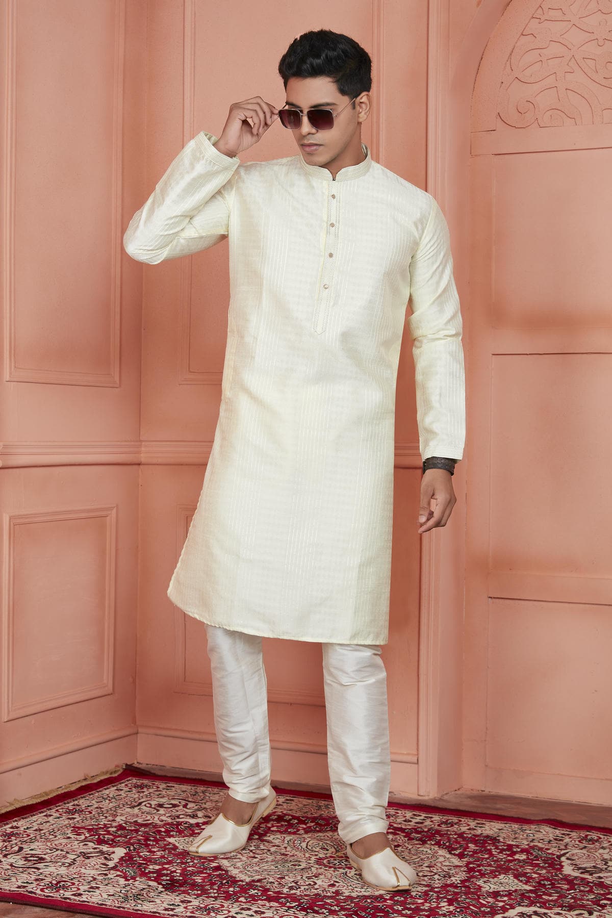 Jacquard Silk Brocade Pintux Work Kurta Pajama In Lemon Colour KP1230531 1