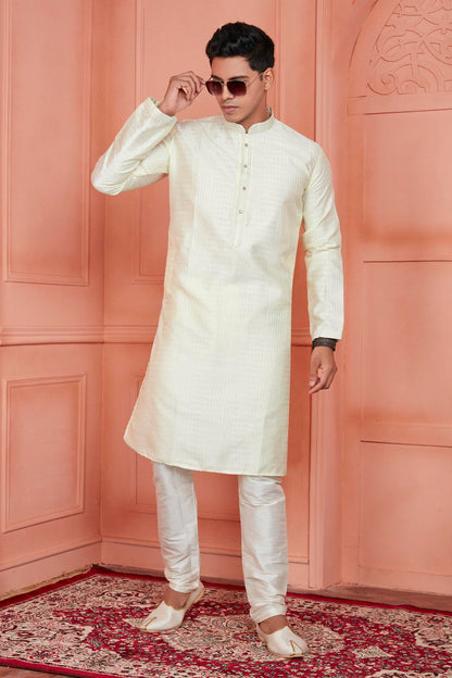 Jacquard Silk Brocade Pintux Work Kurta Pajama In Lemon Colour KP1230531 1