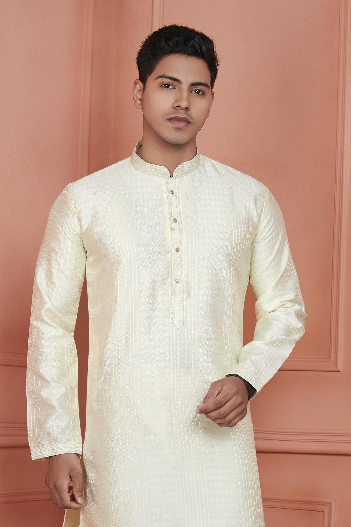 Jacquard Silk Brocade Pintux Work Kurta Pajama In Lemon Colour KP1230531 2