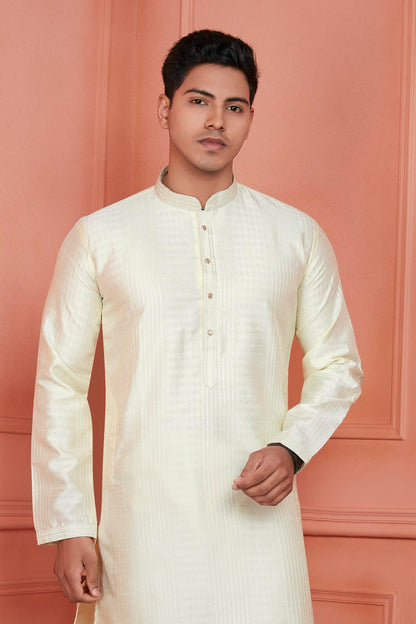 Jacquard Silk Brocade Pintux Work Kurta Pajama In Lemon Colour KP1230531 2