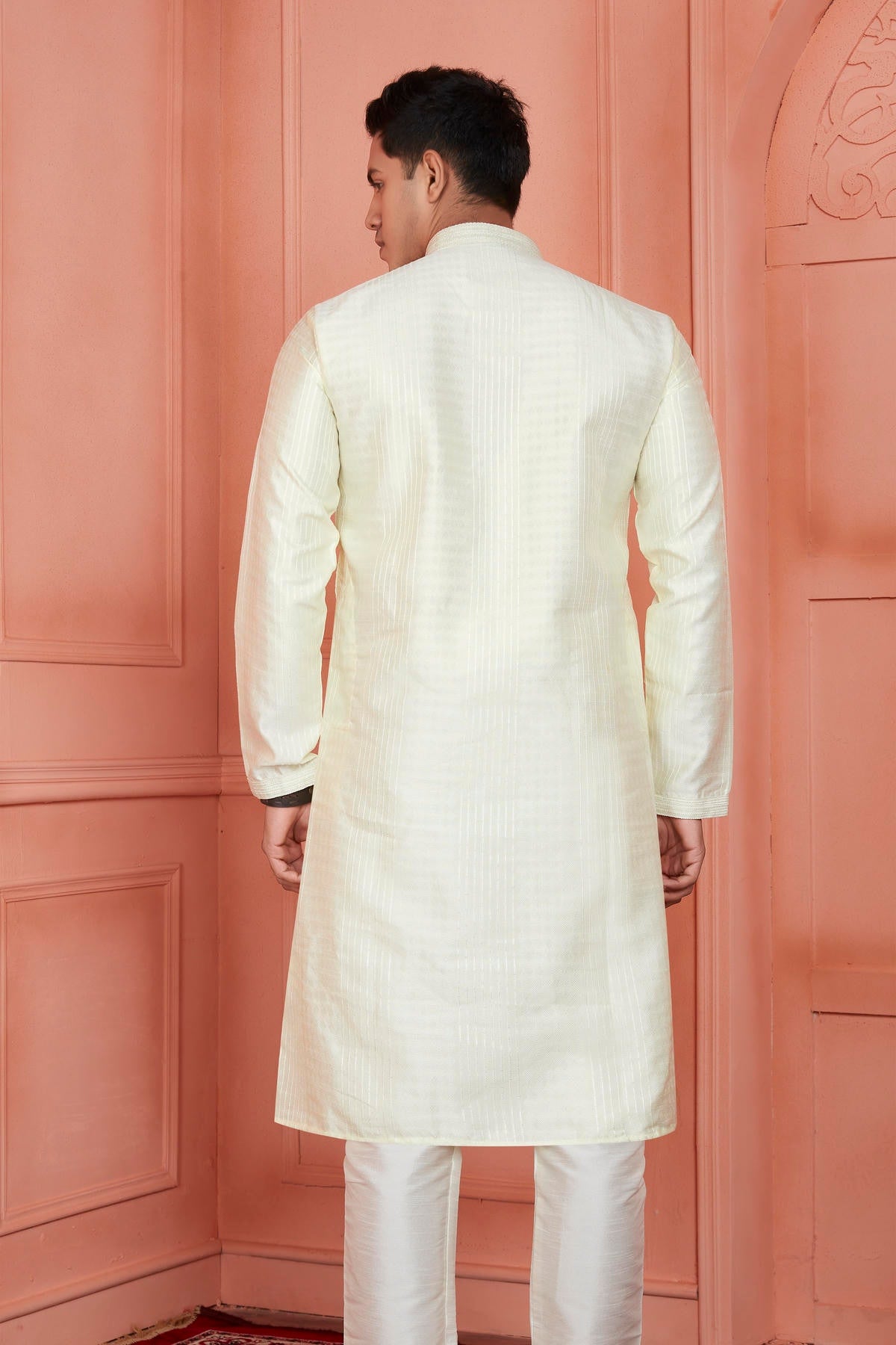 Jacquard Silk Brocade Pintux Work Kurta Pajama In Lemon Colour KP1230531 3