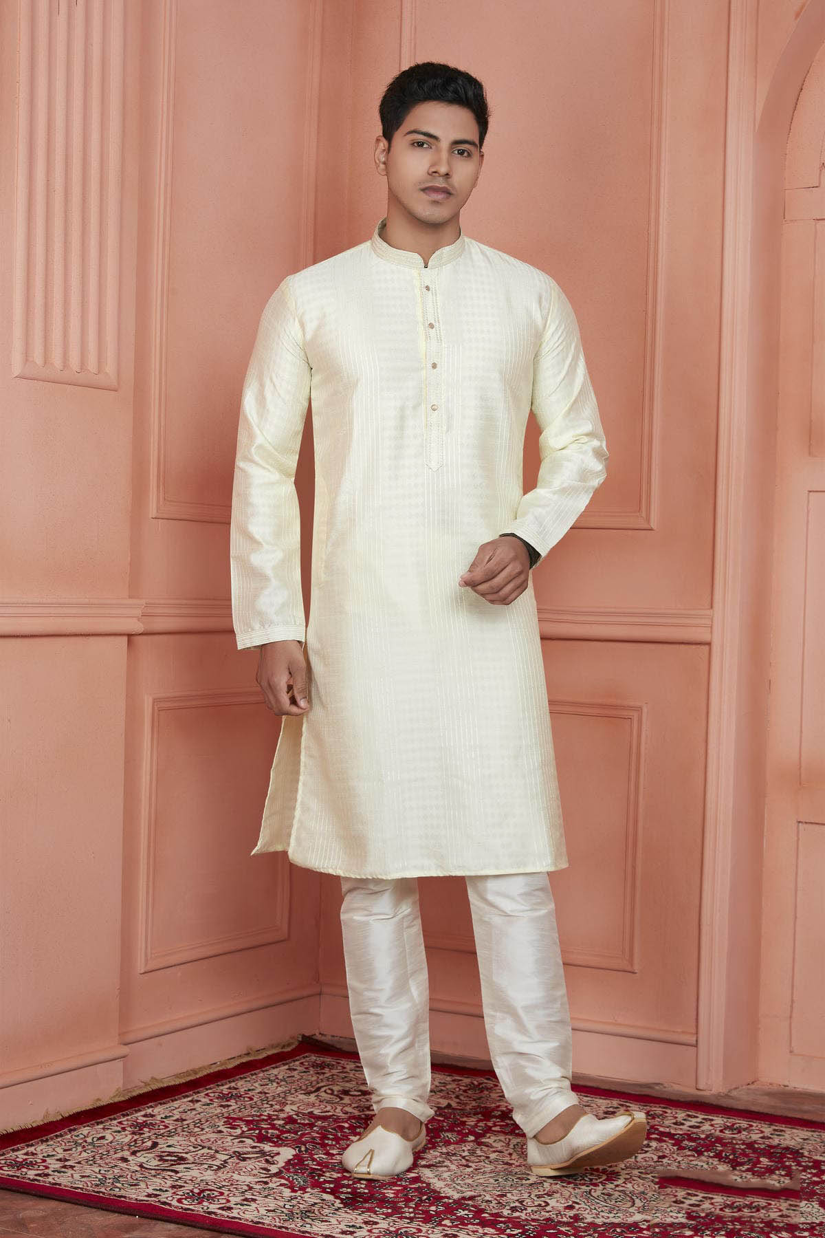 Jacquard Silk Brocade Pintux Work Kurta Pajama In Lemon Colour KP1230531