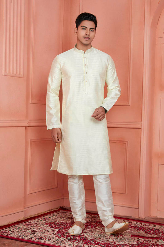 Jacquard Silk Brocade Pintux Work Kurta Pajama In Lemon Colour KP1230531