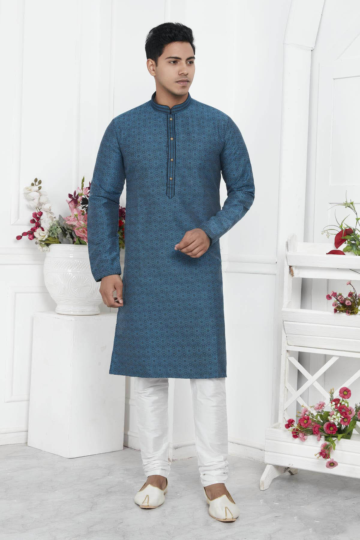 Jacquard Silk Brocade Pintux Work Kurta Pajama In Light Blue Colour KP1230553