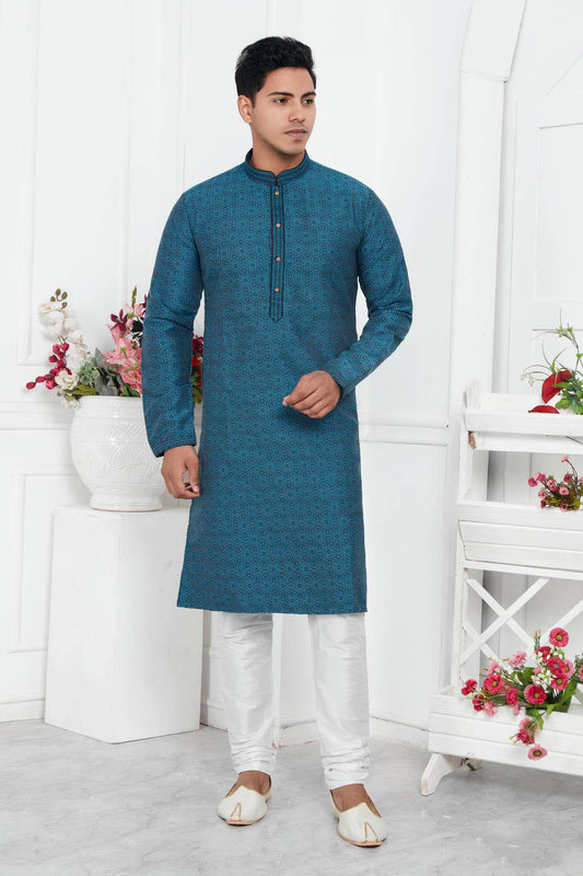 Jacquard Silk Brocade Pintux Work Kurta Pajama In Light Blue Colour KP1230553