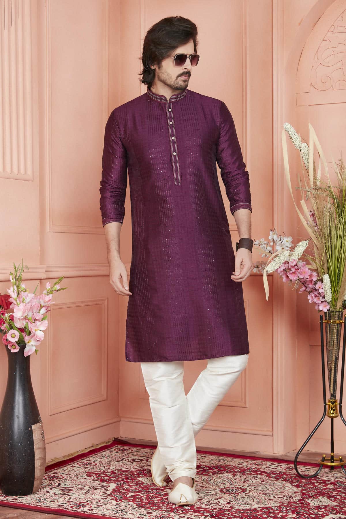 Jacquard Silk Brocade Pintux Work Kurta Pajama In Magenta Colour KP1230535 1